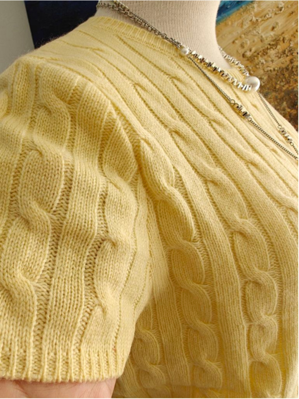 Women's Yellow Cable Knit Short Sleeve Crew Neck Sweater S - Picture 10 of 11